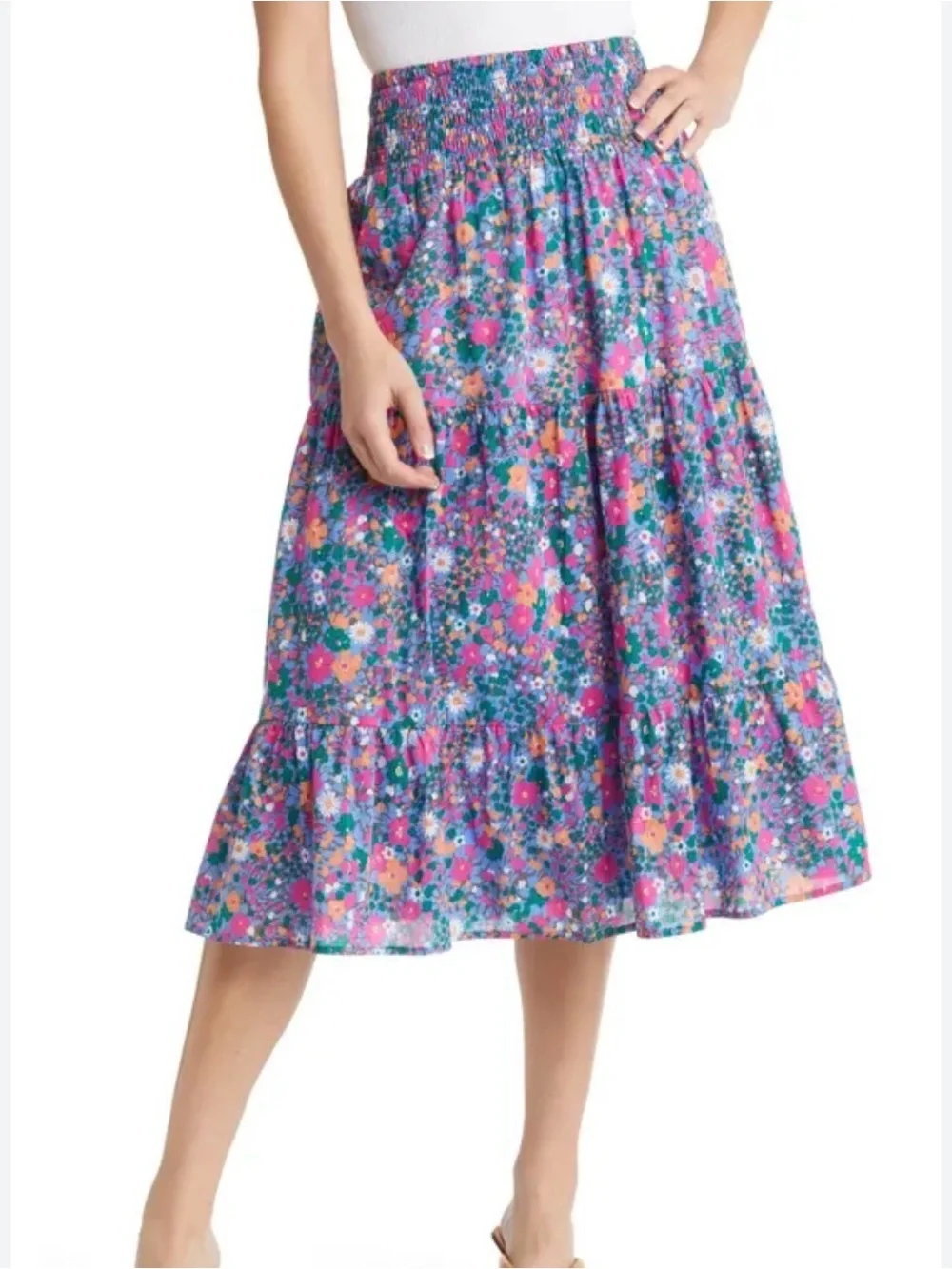 Rails Edina Floral Tiered Cotton Skirt Medium MIDI Preppy Lelaini Floral Vibrant